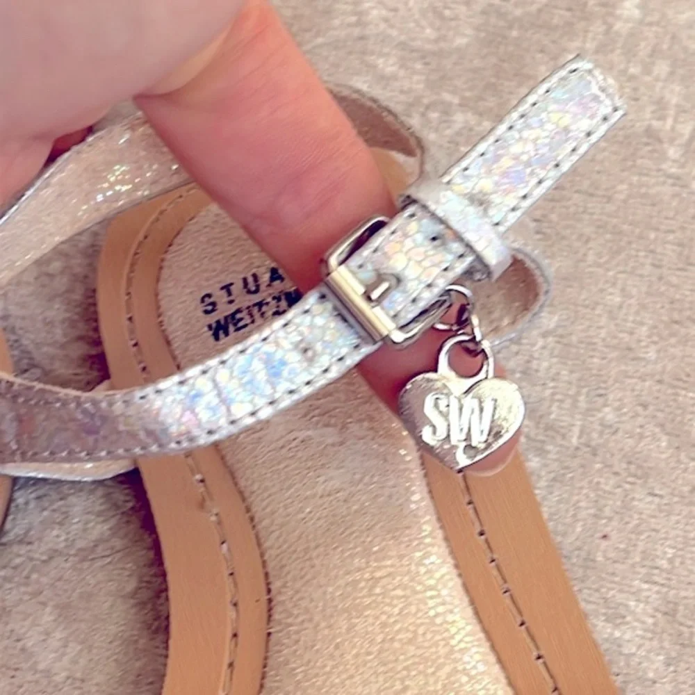 Brand New Stuart Weitzman Floral Metallic Iridescent Ankle Strap Sandals Heart